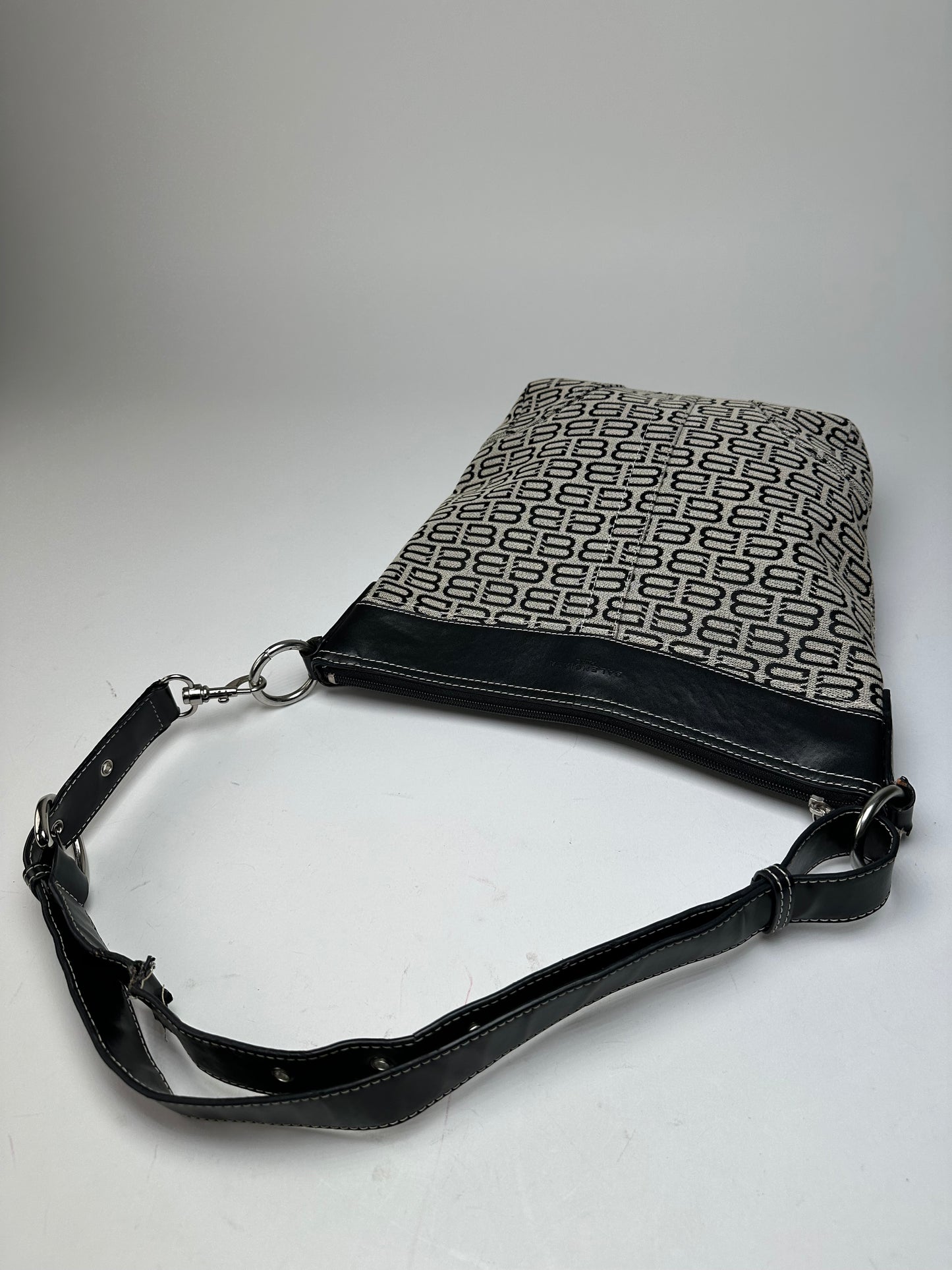Vintage Balenciaga BB Monogram Canvas Leather Crossbody Bag Beige Black