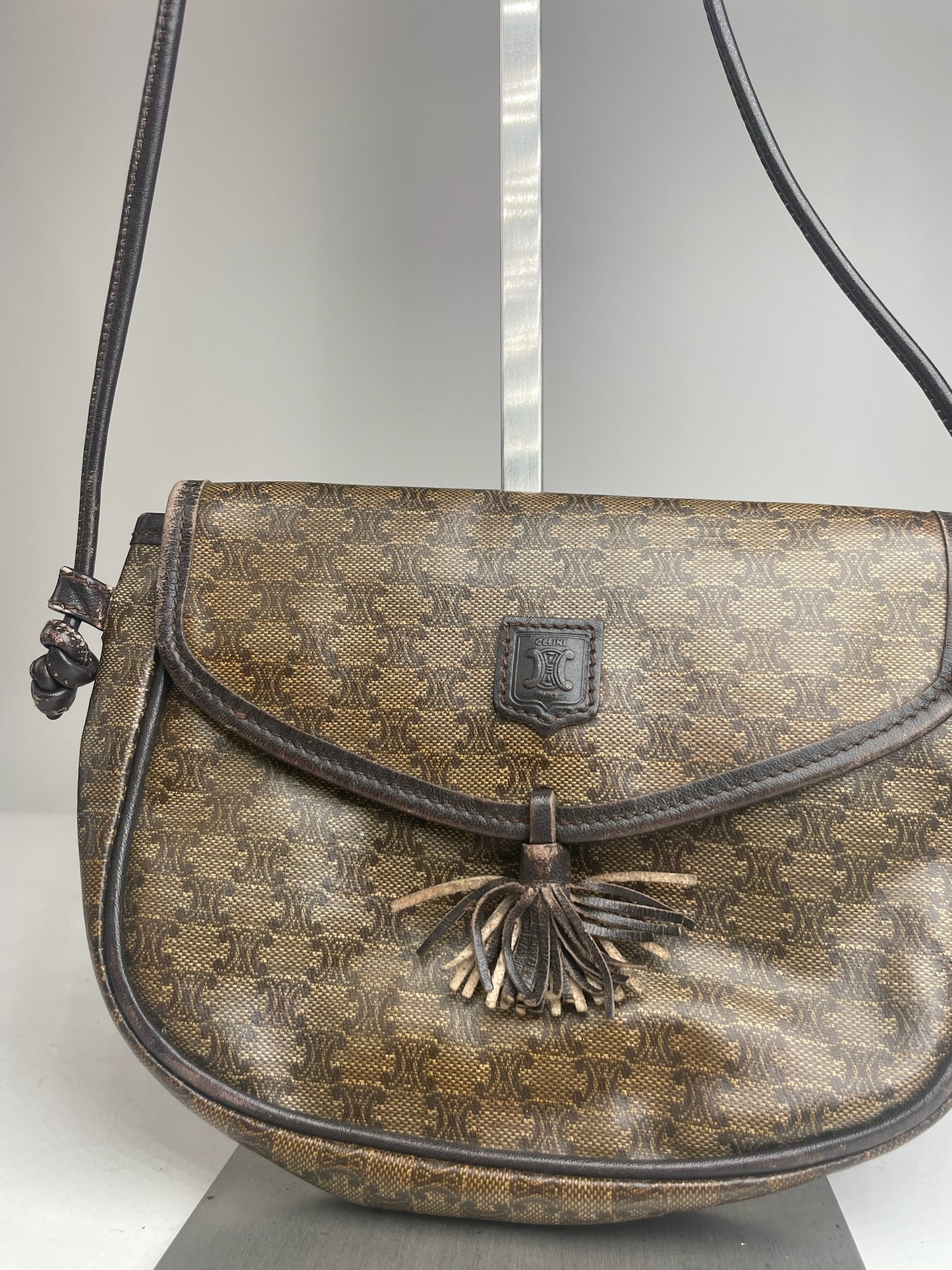 Vintage Celine Triomphe Crossbody leather Bag brown Green