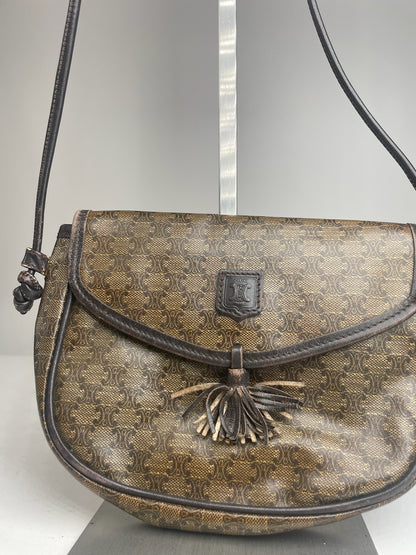 Vintage Celine Triomphe Crossbody leather Bag brown Green