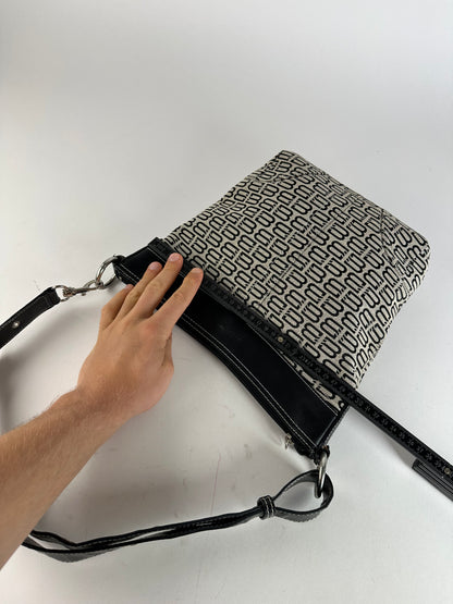Vintage Balenciaga BB Monogram Canvas Leather Crossbody Bag Beige Black