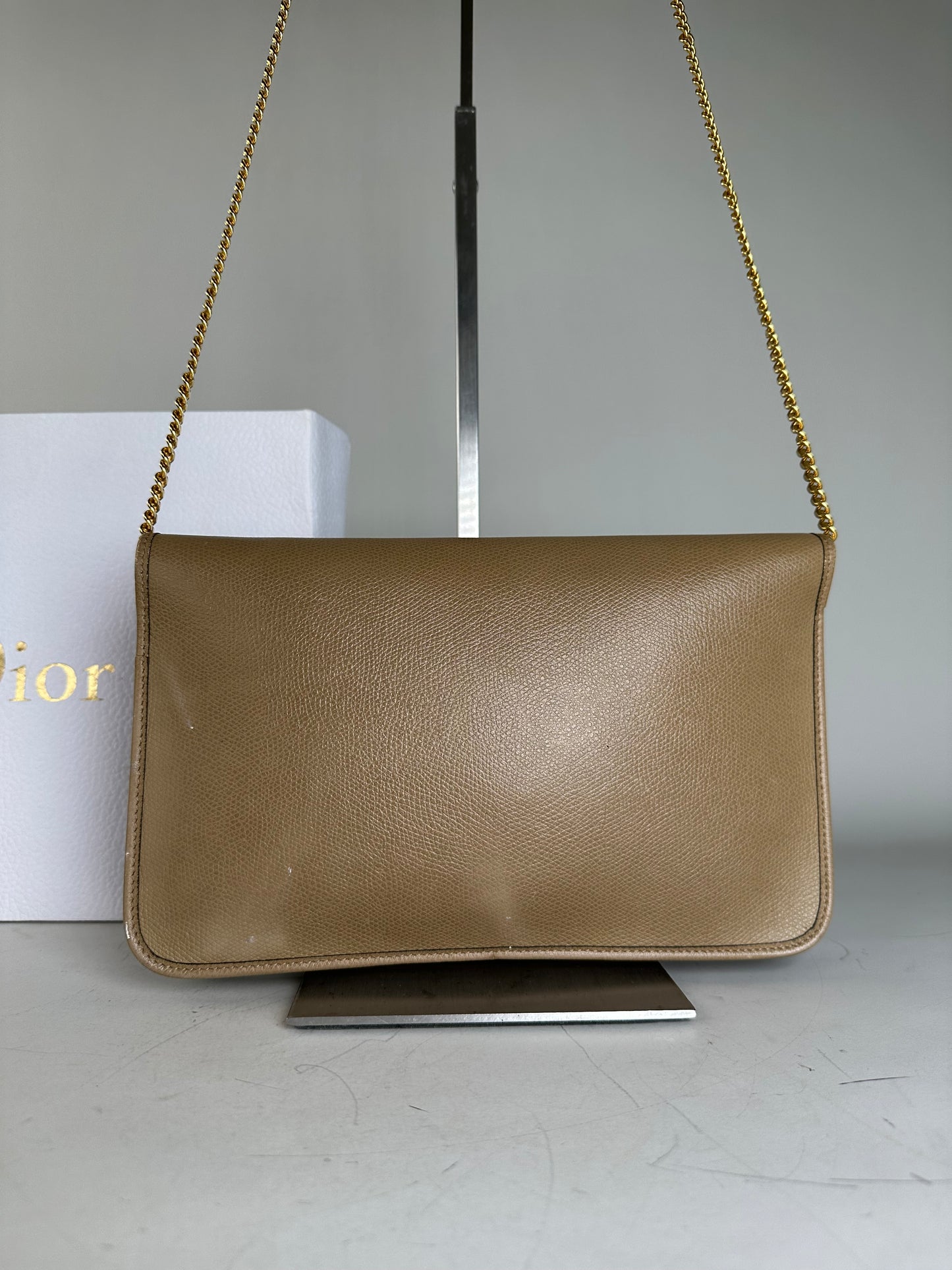 Vintage Dior Leather Shoulder Bag Beige Gold-tone Clasp