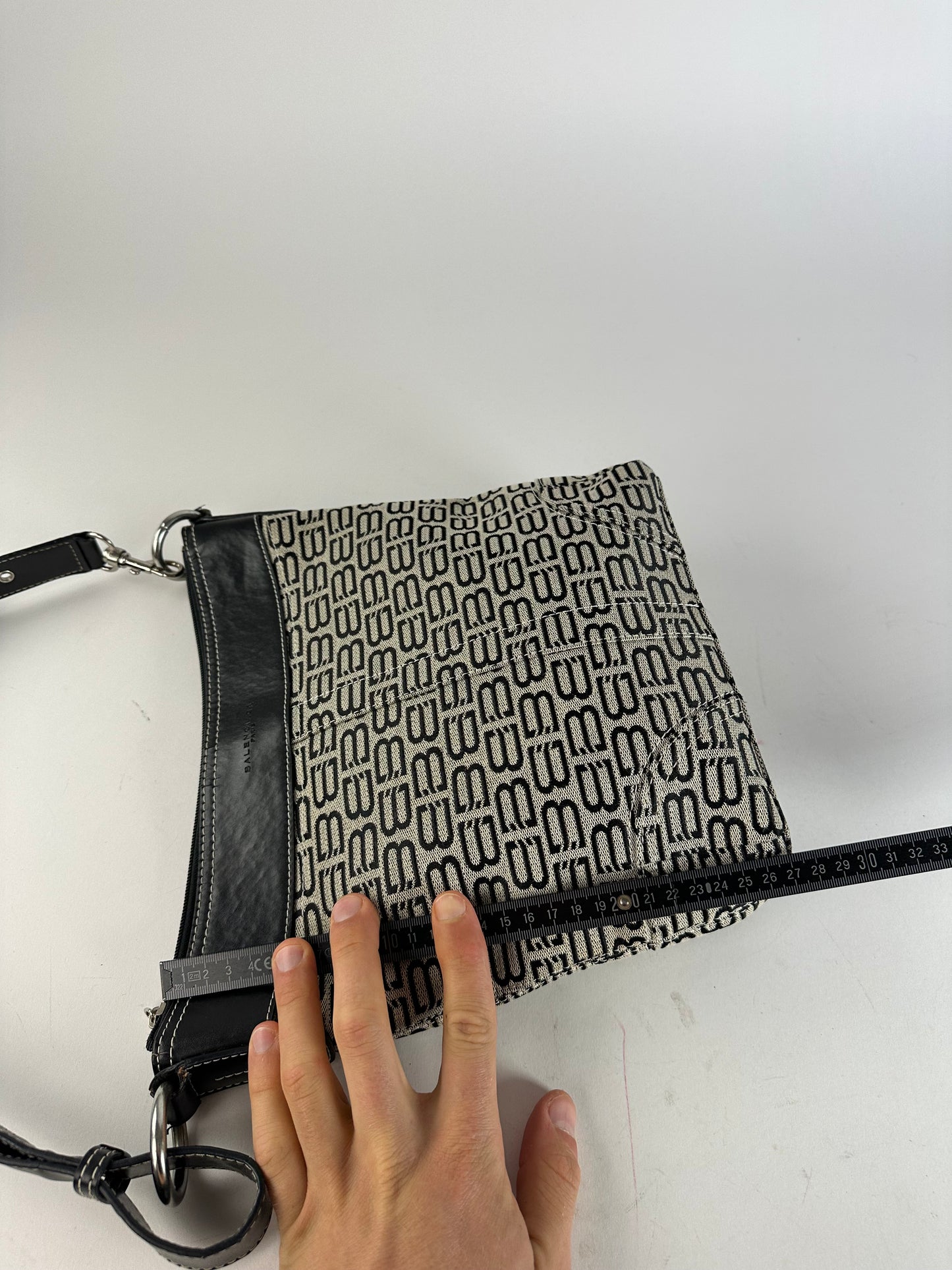 Vintage Balenciaga BB Monogram Canvas Leather Crossbody Bag Beige Black