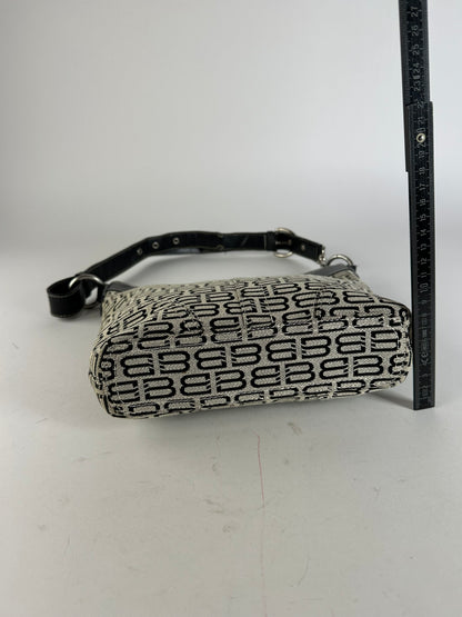 Vintage Balenciaga BB Monogram Canvas Leather Crossbody Bag Beige Black
