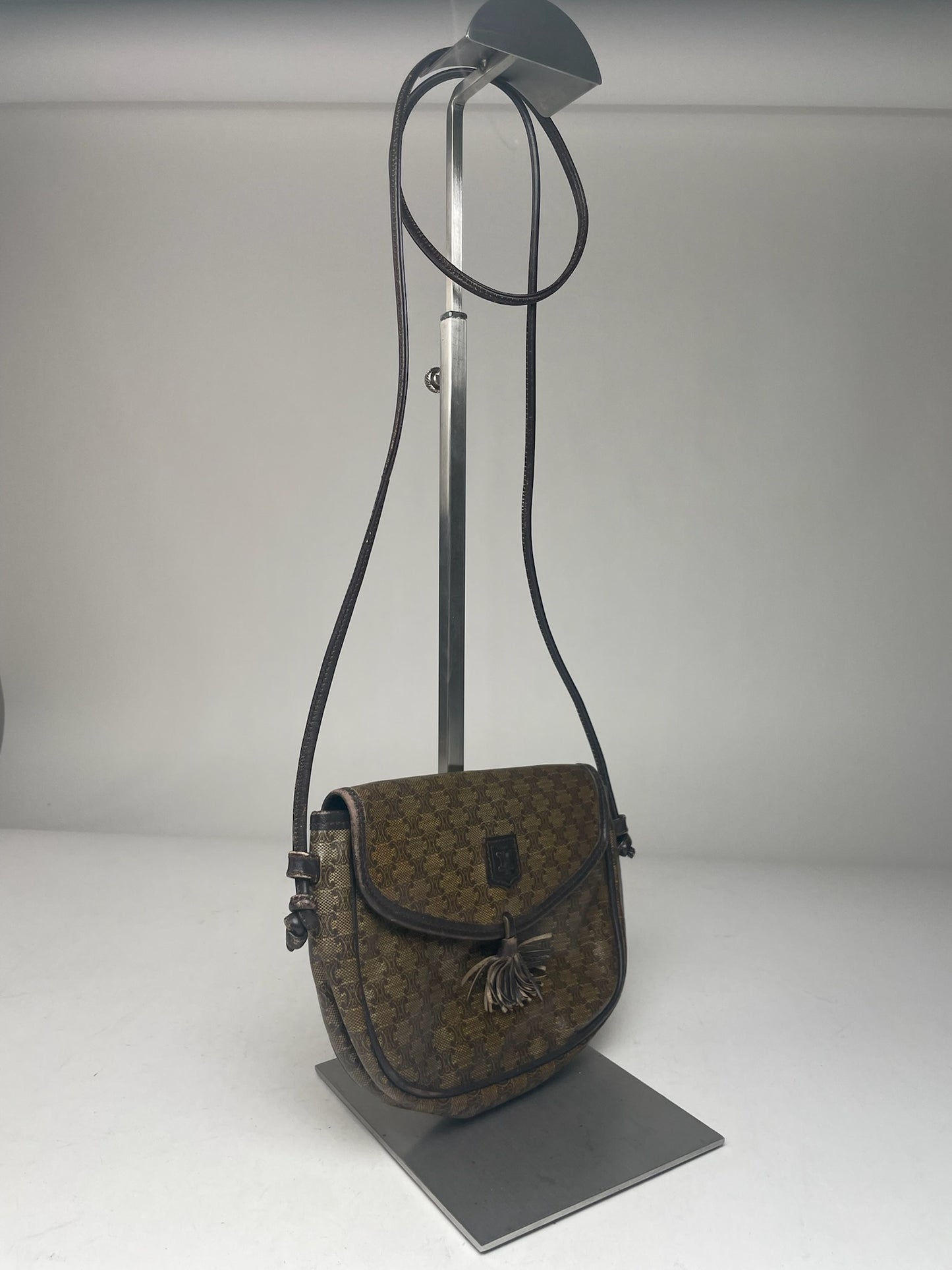 Vintage Celine Triomphe Crossbody leather Bag brown Green