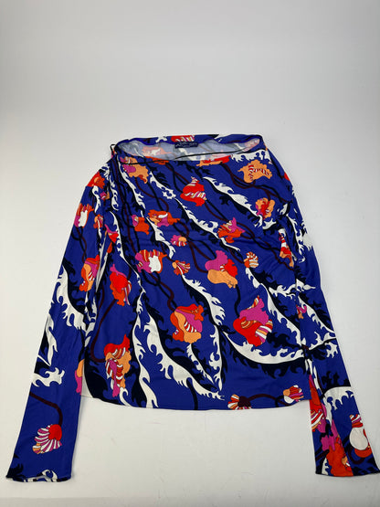 Vintage Emilio Pucci Archivio Floral Silk Viscose Jersey Long Sleeve Top Blue Multicolour