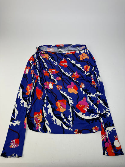 Vintage Emilio Pucci Archivio Floral Silk Viscose Jersey Long Sleeve Top Blue Multicolour