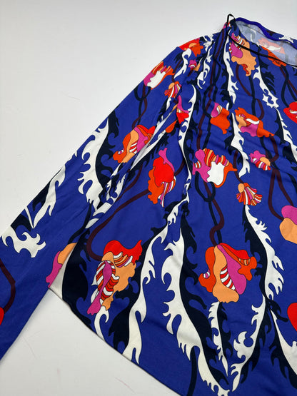 Vintage Emilio Pucci Archivio Floral Silk Viscose Jersey Long Sleeve Top Blue Multicolour