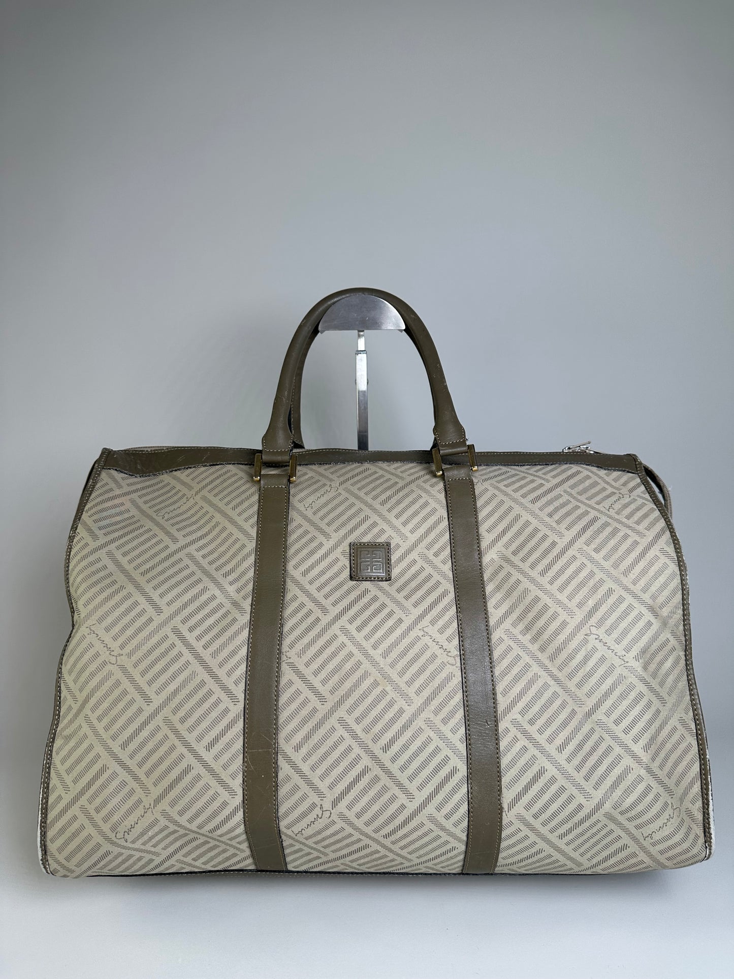 Vintage Givenchy Geometric Canvas Travel Bag Beige Olive