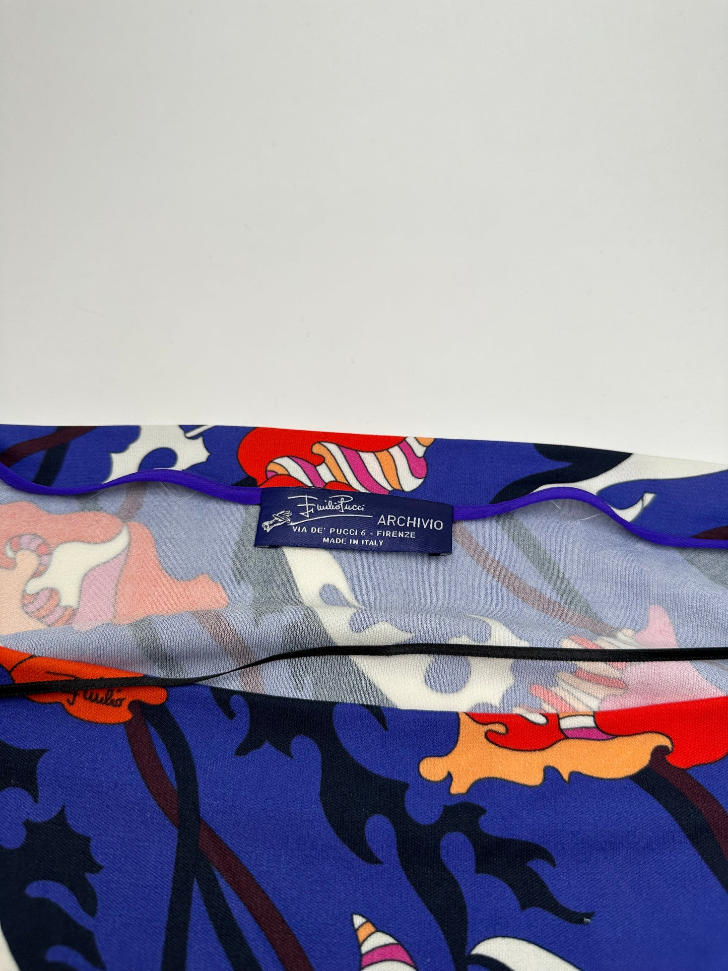 Vintage Emilio Pucci Archivio Floral Silk Viscose Jersey Long Sleeve Top Blue Multicolour
