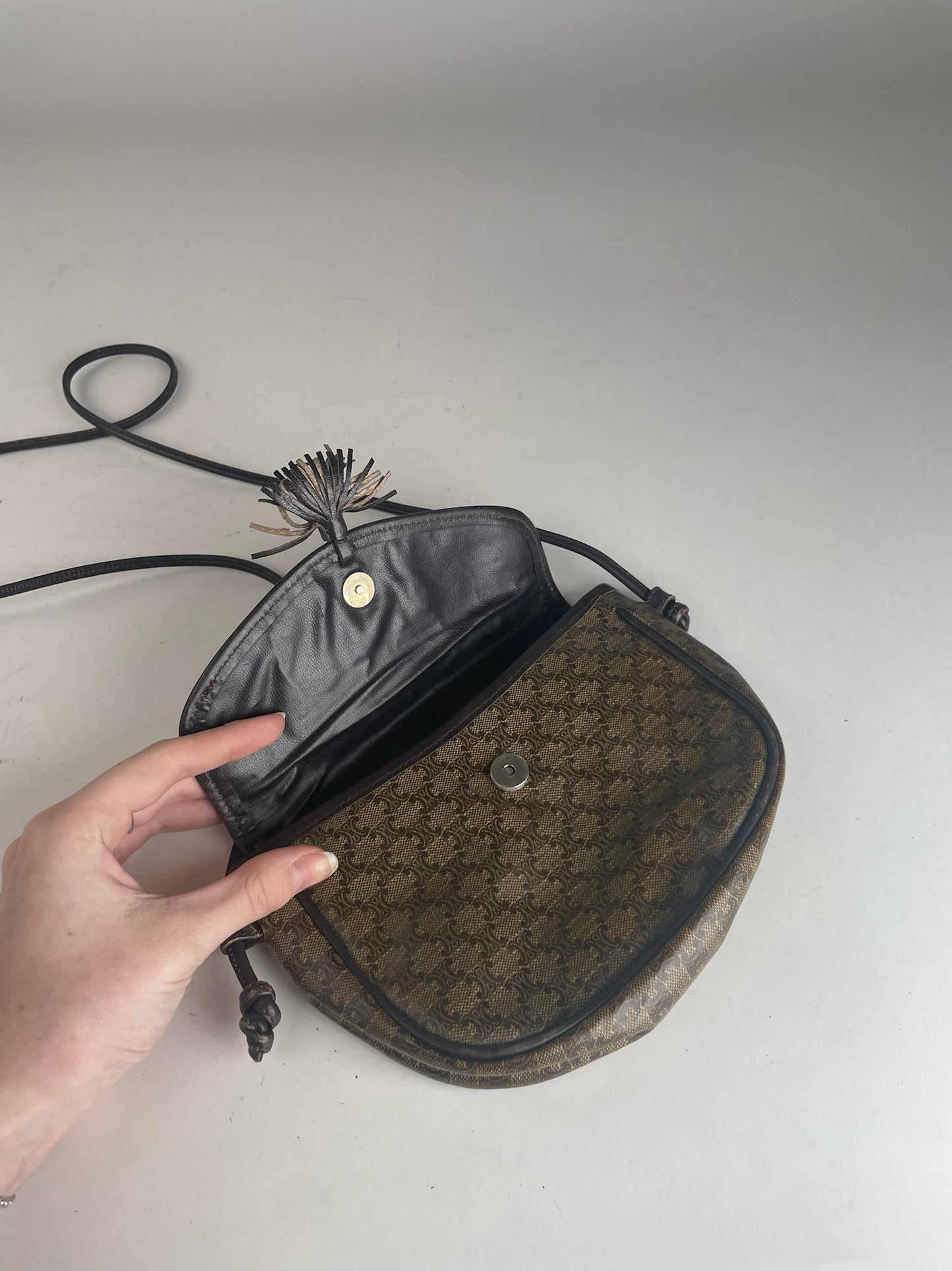 Vintage Celine Triomphe Crossbody leather Bag brown Green