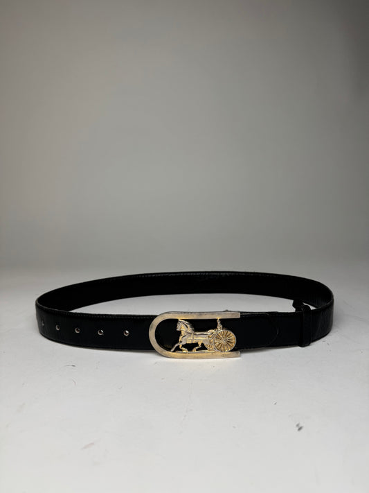 Vintage Celine Paris Carriage Logo Leather Belt Black