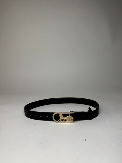 Vintage Celine Paris Carriage Logo Leather Belt Black
