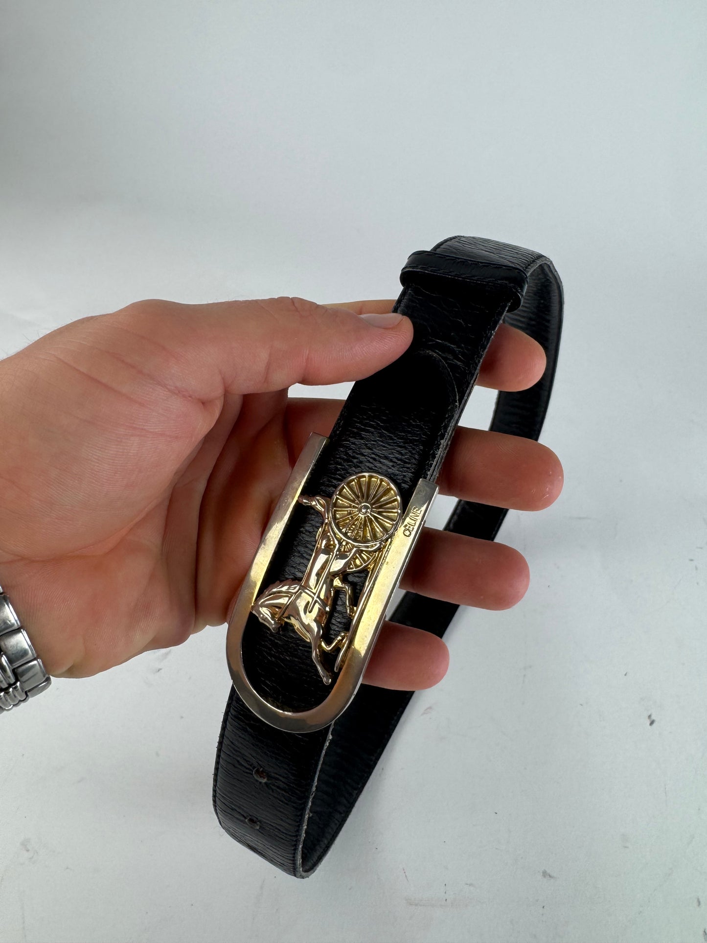 Vintage Celine Paris Carriage Logo Leather Belt Black