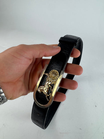 Vintage Celine Paris Carriage Logo Leather Belt Black