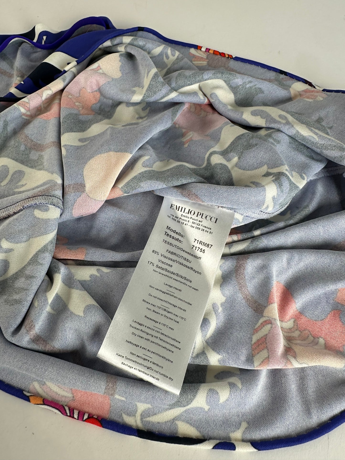 Vintage Emilio Pucci Archivio Floral Silk Viscose Jersey Long Sleeve Top Blue Multicolour