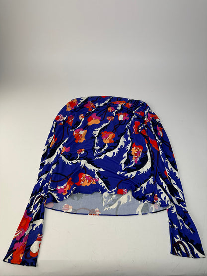 Vintage Emilio Pucci Archivio Floral Silk Viscose Jersey Long Sleeve Top Blue Multicolour