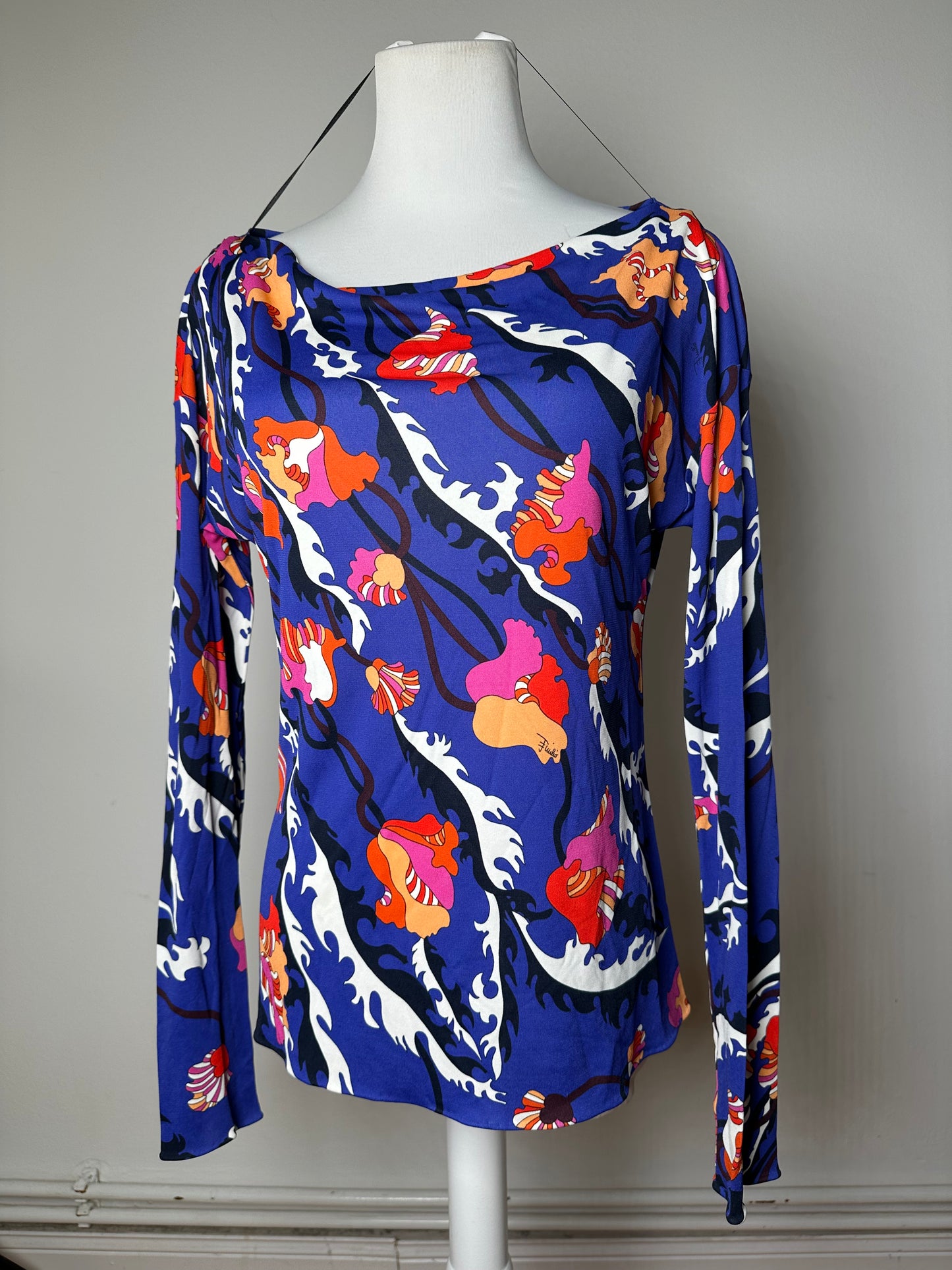 Vintage Emilio Pucci Archivio Floral Silk Viscose Jersey Long Sleeve Top Blue Multicolour