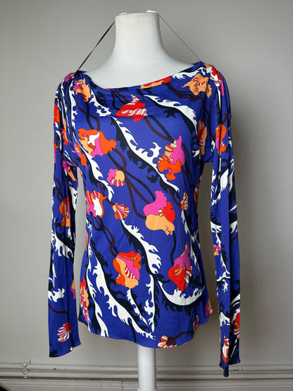 Vintage Emilio Pucci Archivio Floral Silk Viscose Jersey Long Sleeve Top Blue Multicolour