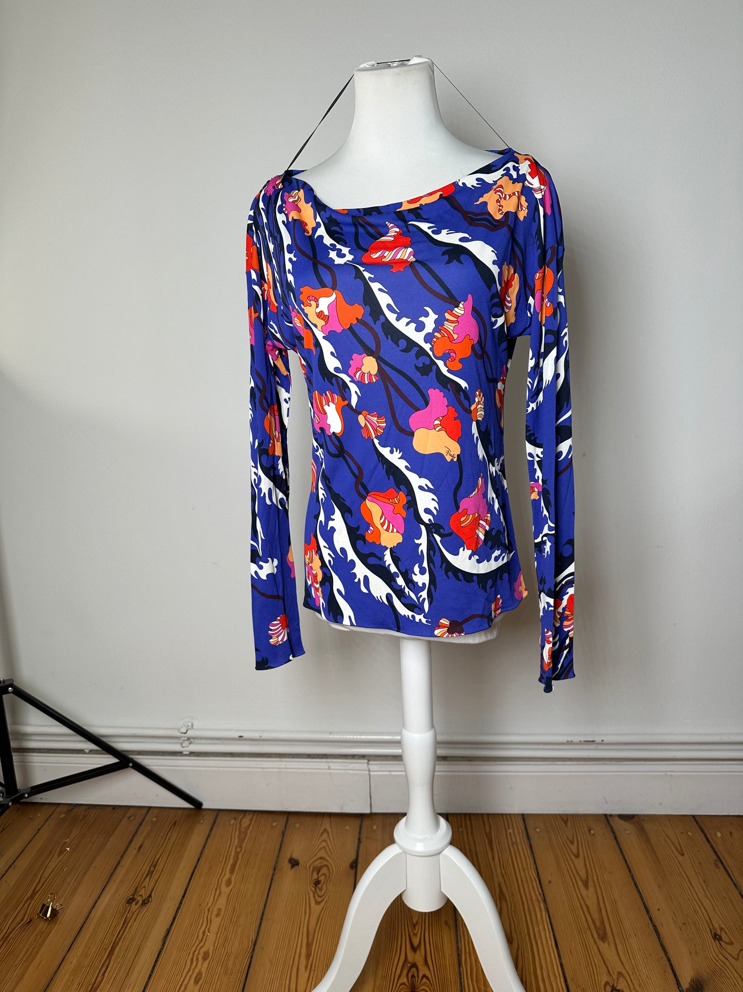 Vintage Emilio Pucci Archivio Floral Silk Viscose Jersey Long Sleeve Top Blue Multicolour