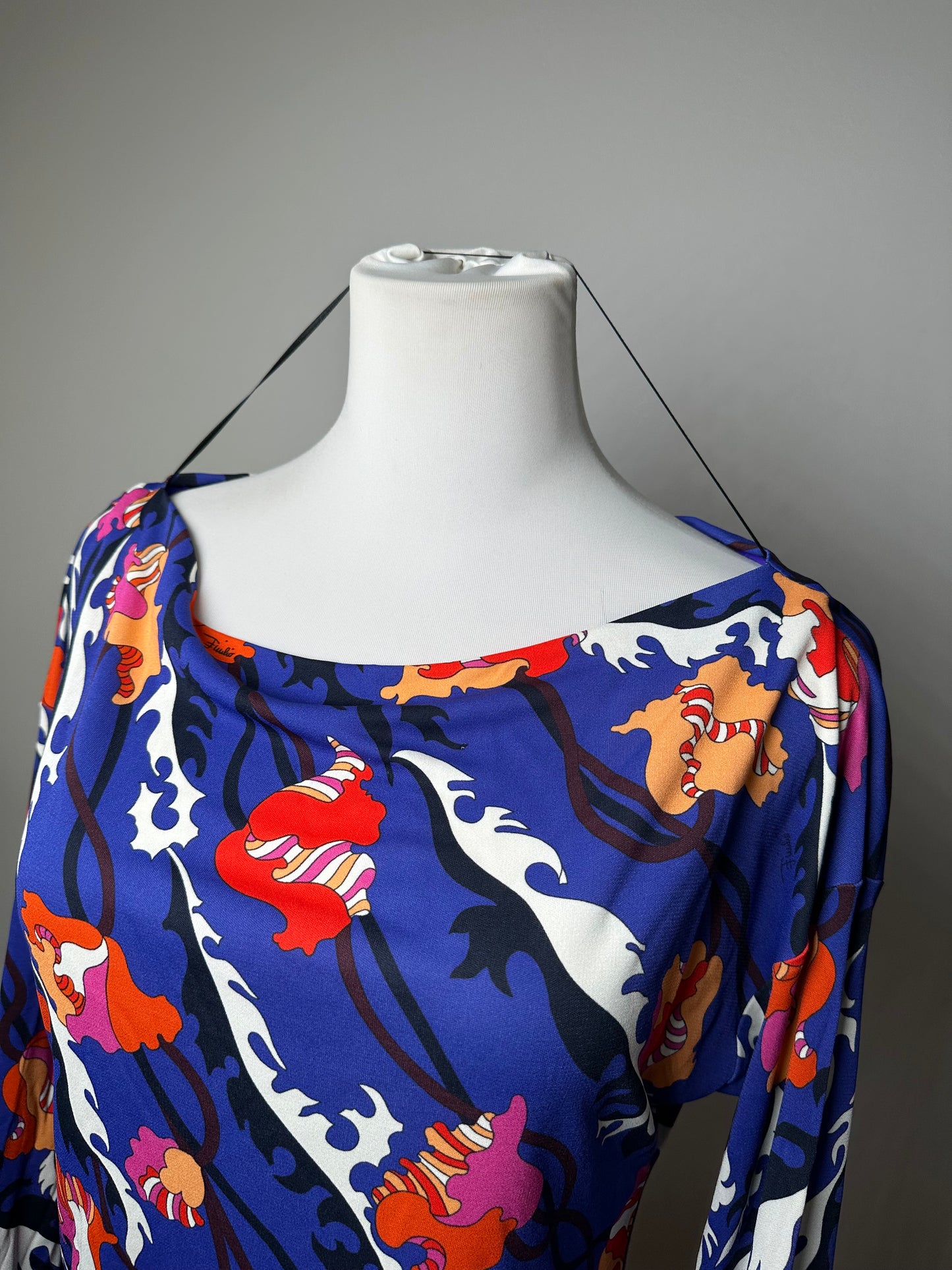 Vintage Emilio Pucci Archivio Floral Silk Viscose Jersey Long Sleeve Top Blue Multicolour