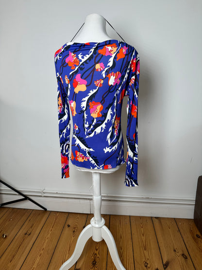 Vintage Emilio Pucci Archivio Floral Silk Viscose Jersey Long Sleeve Top Blue Multicolour
