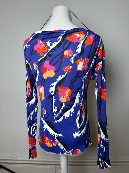 Vintage Emilio Pucci Archivio Floral Silk Viscose Jersey Long Sleeve Top Blue Multicolour