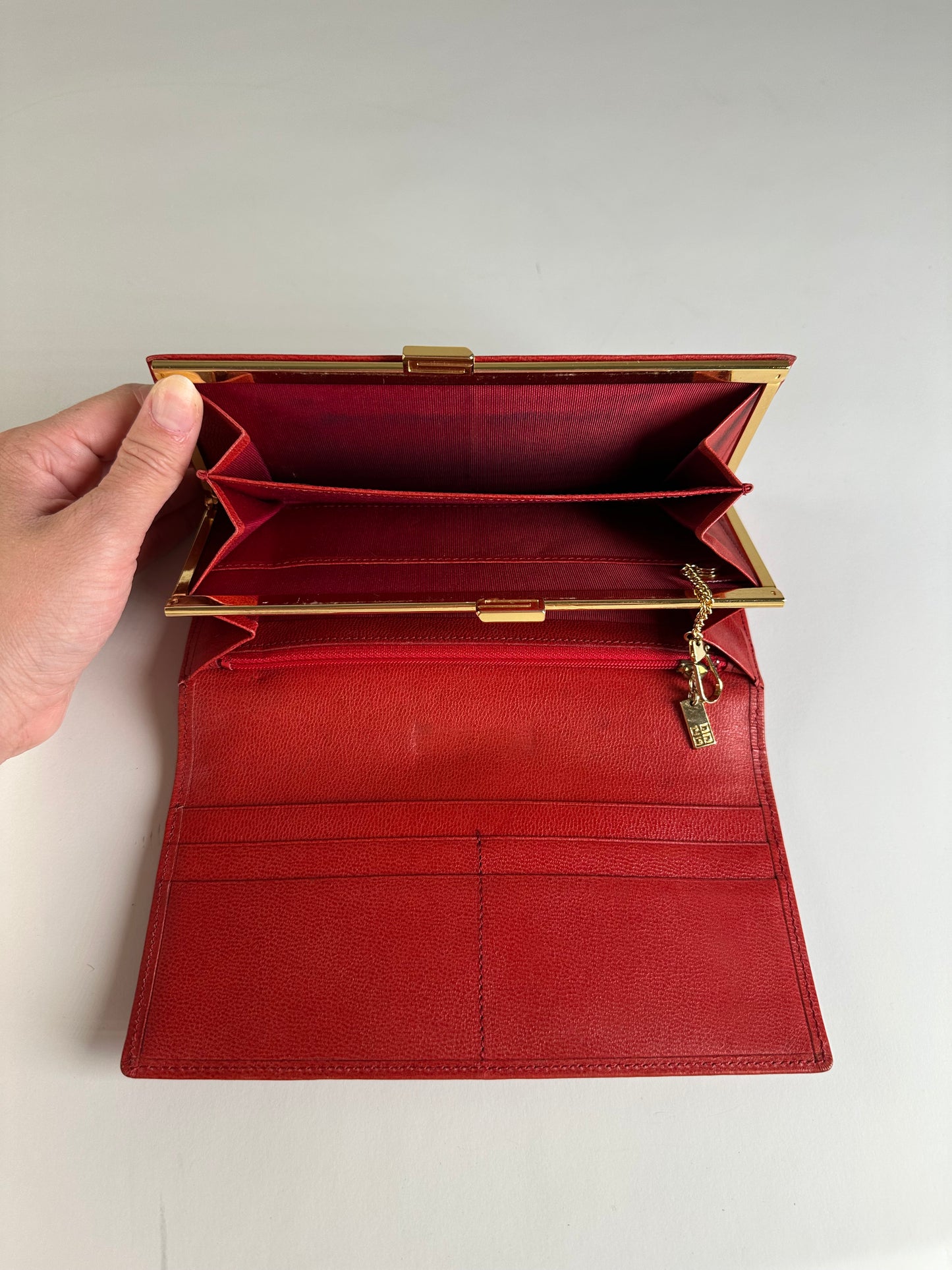 Vintage Givenchy Leather Wallet Red Gold-tone Clasp