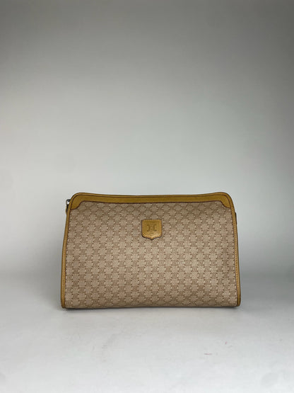 Vintage Celine Paris Triomphe Monogram Leather Clutch Beige Brown