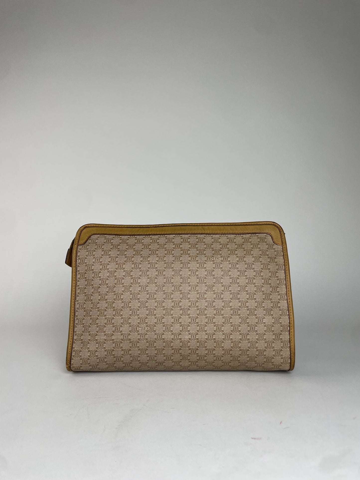 Vintage Celine Paris Triomphe Monogram Leather Clutch Beige Brown