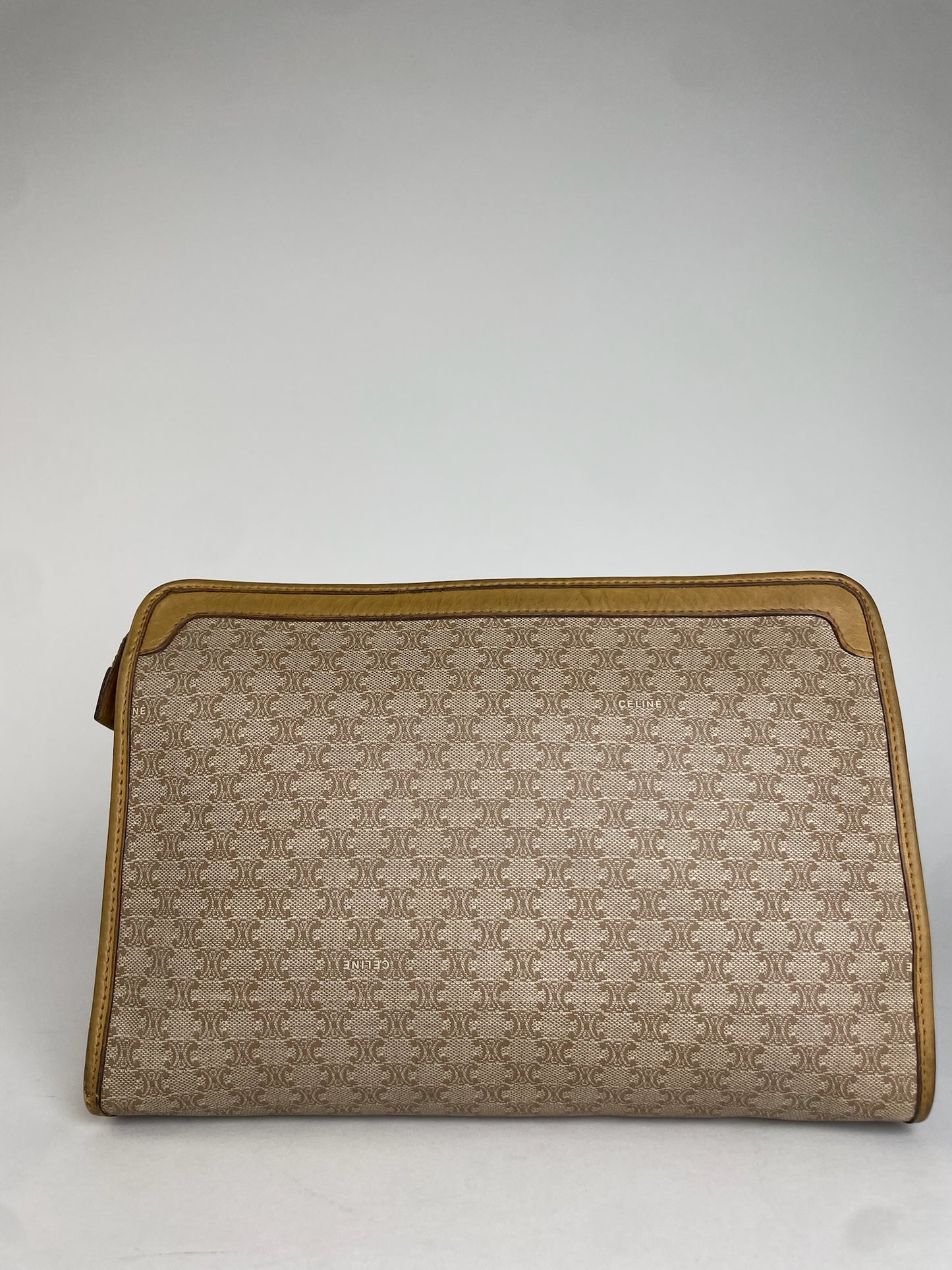 Vintage Celine Paris Triomphe Monogram Leather Clutch Beige Brown