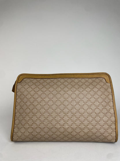 Vintage Celine Paris Triomphe Monogram Leather Clutch Beige Brown