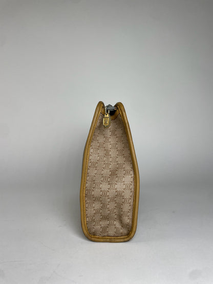 Vintage Celine Paris Triomphe Monogram Leather Clutch Beige Brown