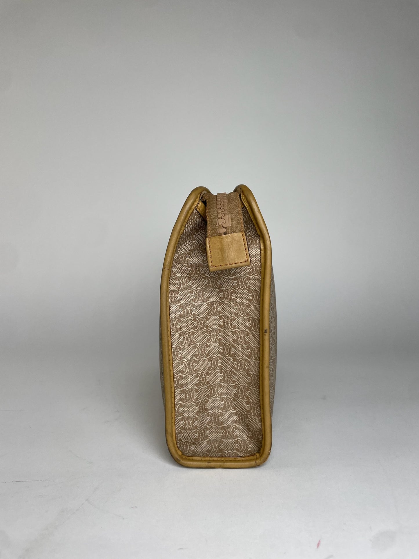 Vintage Celine Paris Triomphe Monogram Leather Clutch Beige Brown