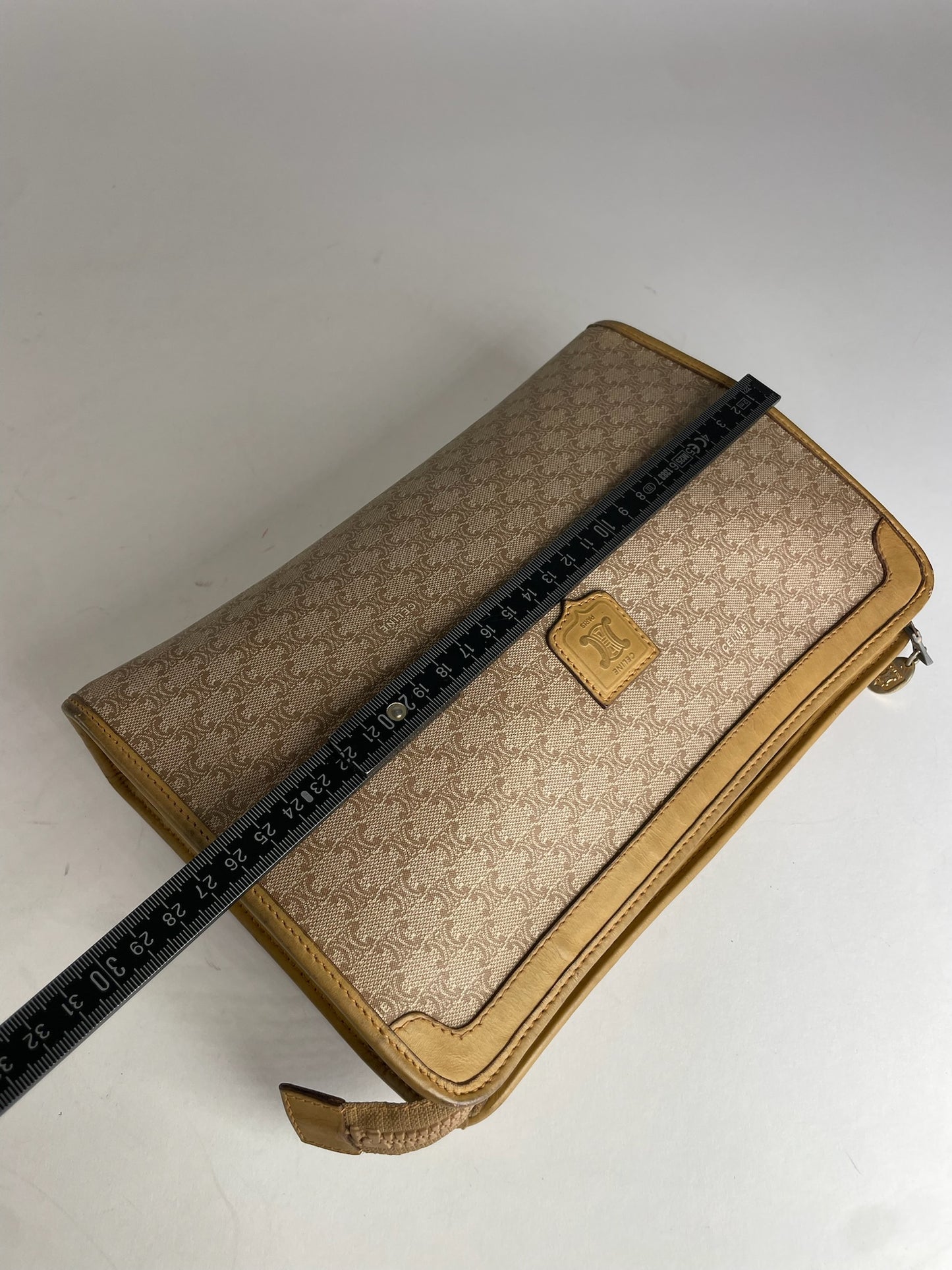 Vintage Celine Paris Triomphe Monogram Leather Clutch Beige Brown