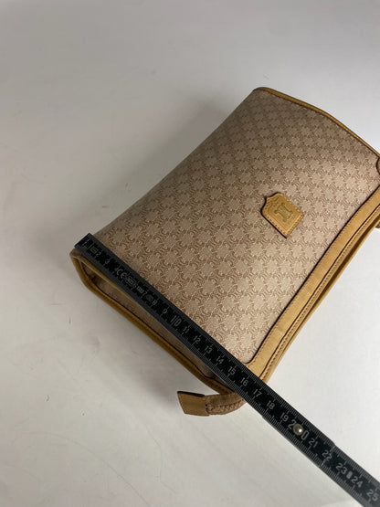 Vintage Celine Paris Triomphe Monogram Leather Clutch Beige Brown