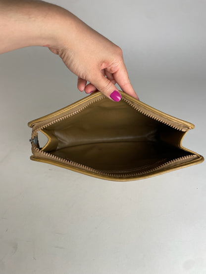 Vintage Celine Paris Triomphe Monogram Leather Clutch Beige Brown