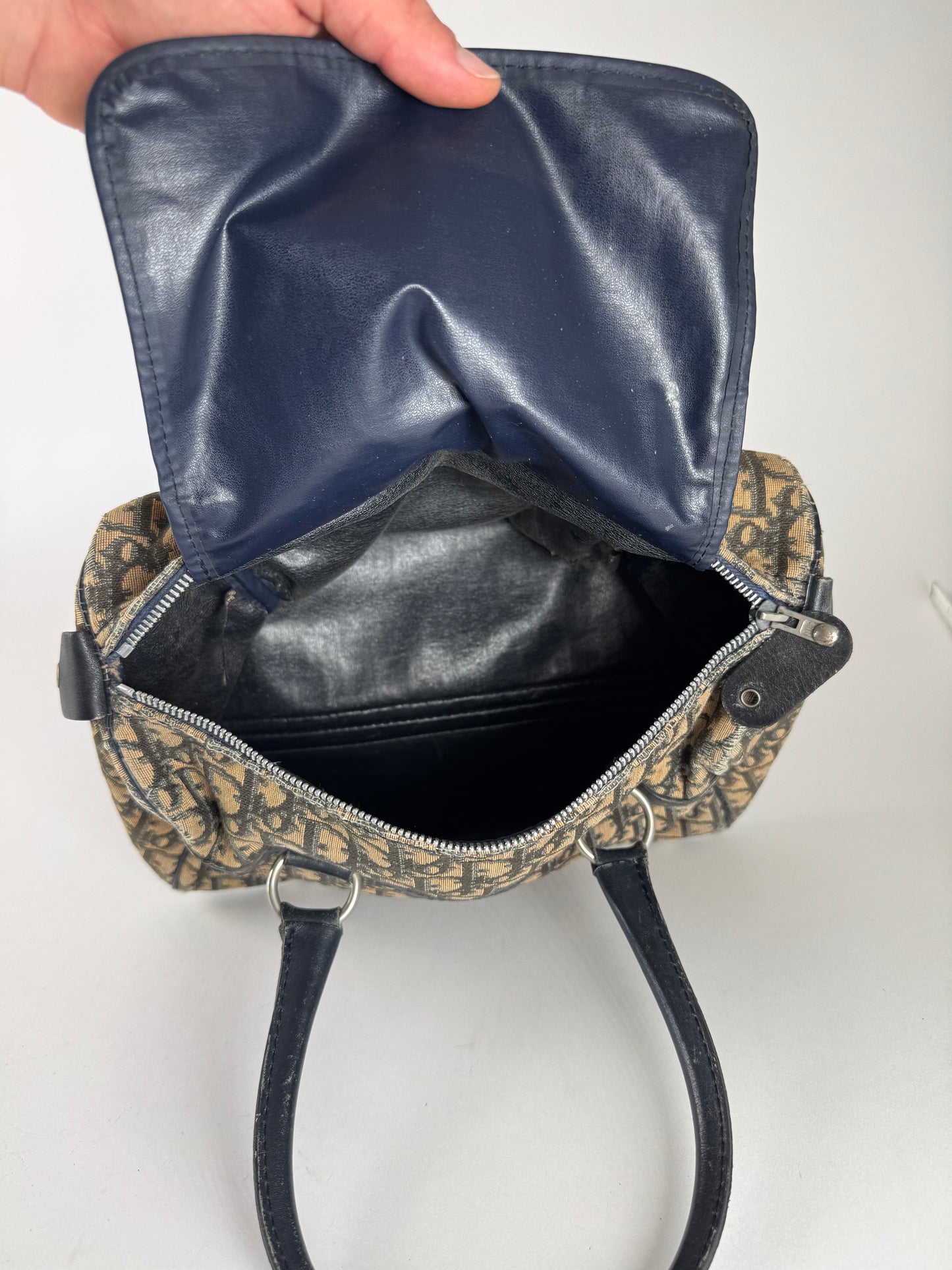 Vintage Dior Oblique Monogram Canvas Bag Navy Beige