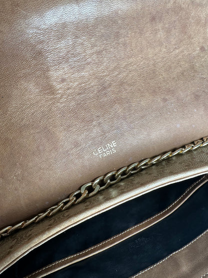 Vintage Celine Paris Triomphe Monogram Chain Leather Bag Brown