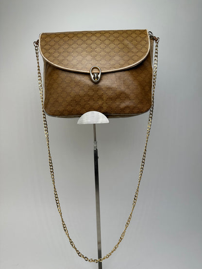 Vintage Celine Paris Triomphe Monogram Chain Leather Bag Brown