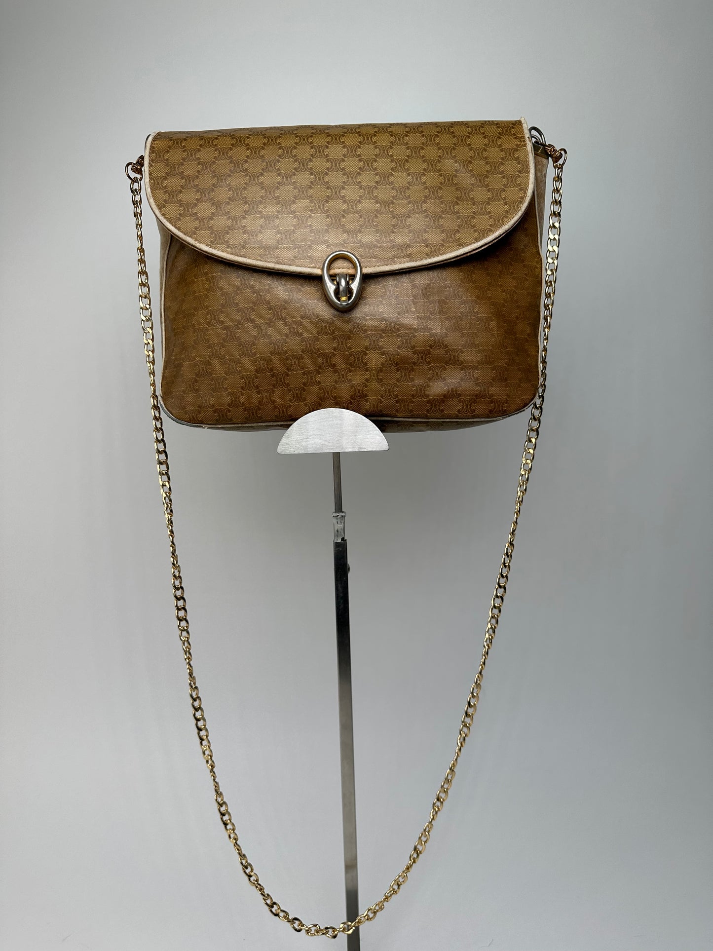 Vintage Celine Paris Triomphe Monogram Chain Leather Bag Brown