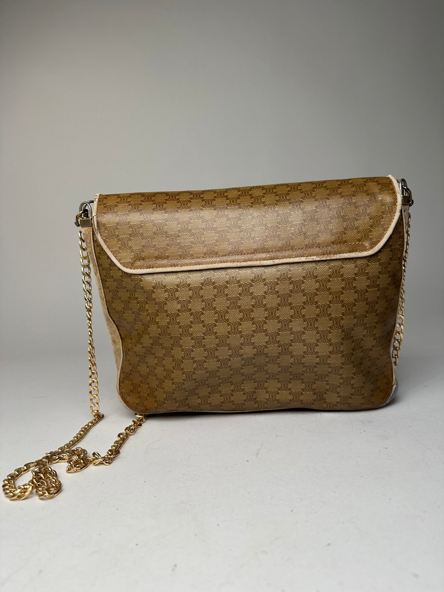 Vintage Celine Paris Triomphe Monogram Chain Leather Bag Brown