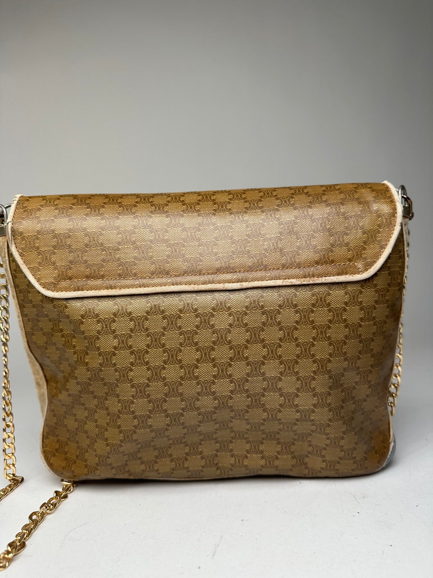 Vintage Celine Paris Triomphe Monogram Chain Leather Bag Brown