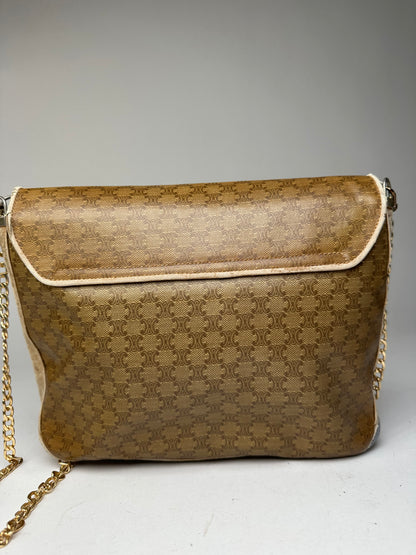 Vintage Celine Paris Triomphe Monogram Chain Leather Bag Brown