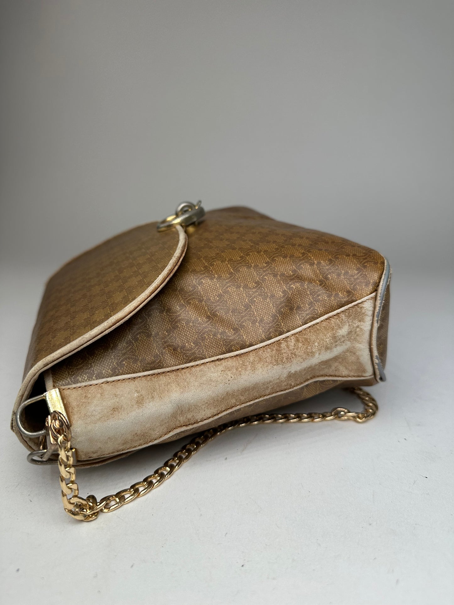 Vintage Celine Paris Triomphe Monogram Chain Leather Bag Brown