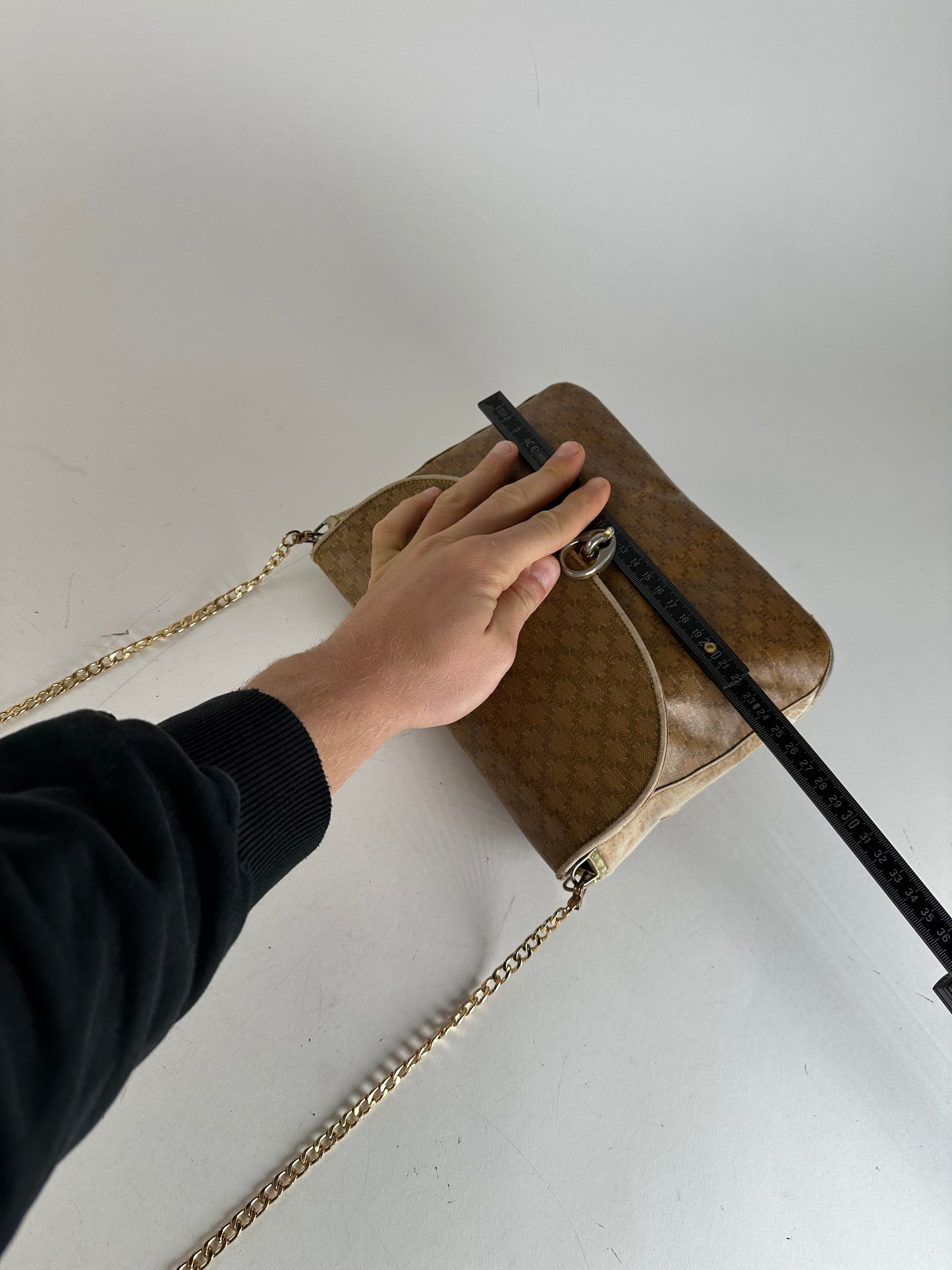 Vintage Celine Paris Triomphe Monogram Chain Leather Bag Brown