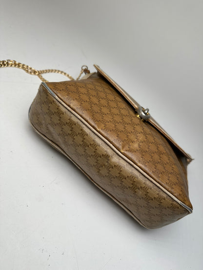 Vintage Celine Paris Triomphe Monogram Chain Leather Bag Brown