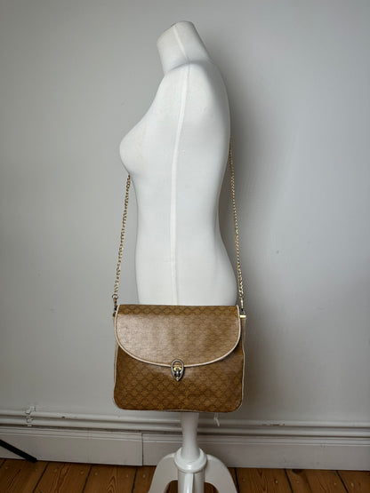 Vintage Celine Paris Triomphe Monogram Chain Leather Bag Brown