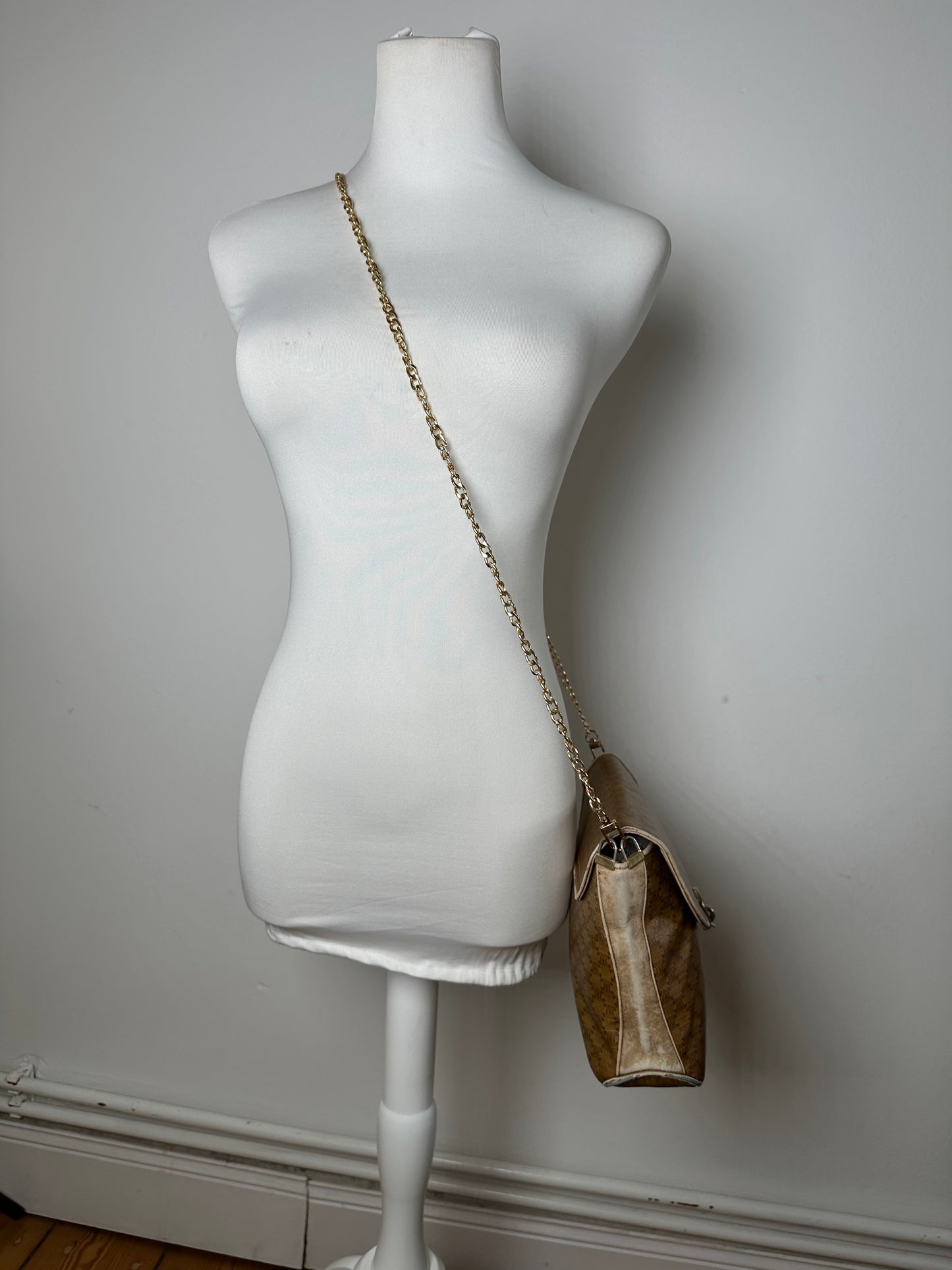 Vintage Celine Paris Triomphe Monogram Chain Leather Bag Brown