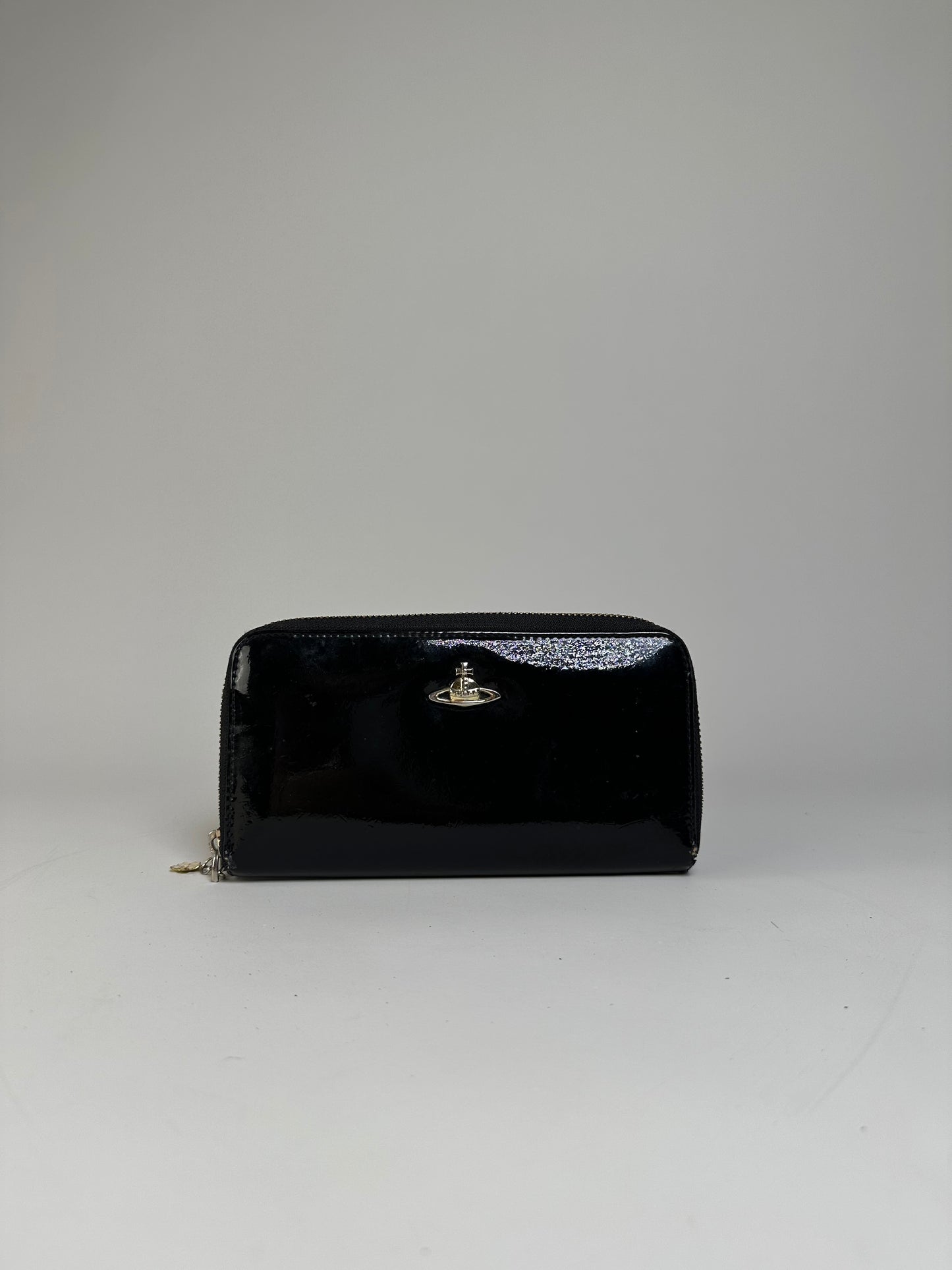 Vintage Vivienne Westwood Patent Leather Zip Wallet Black Silver