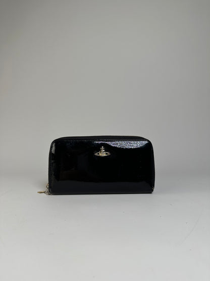 Vintage Vivienne Westwood Patent Leather Zip Wallet Black Silver